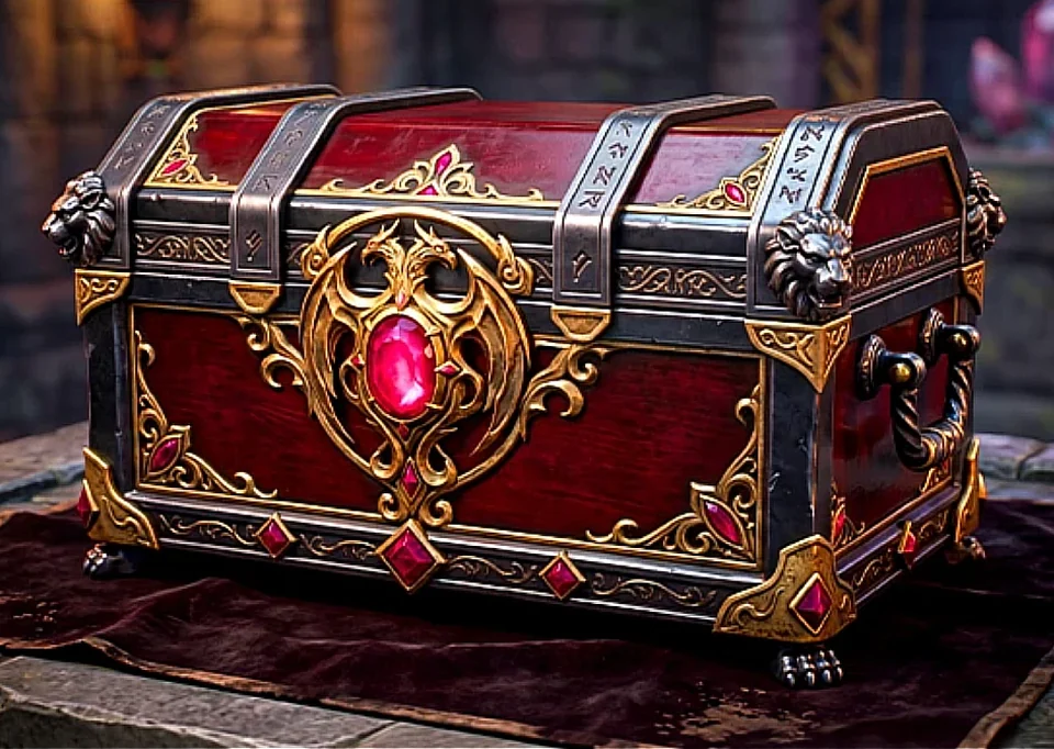 Crimson Weapon Skin Box: Schaubild einer roten Truhe auf Samttuch