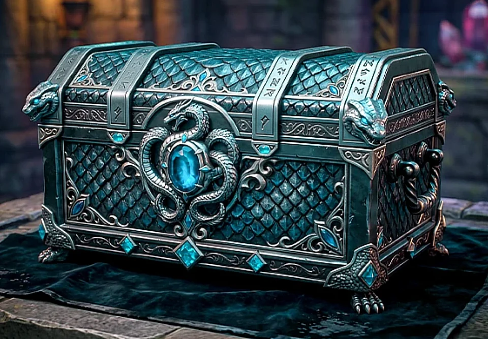 Leviathan Weapon Skin Box: Schaubild einer türkisfarbenen Truhe auf Samttuch