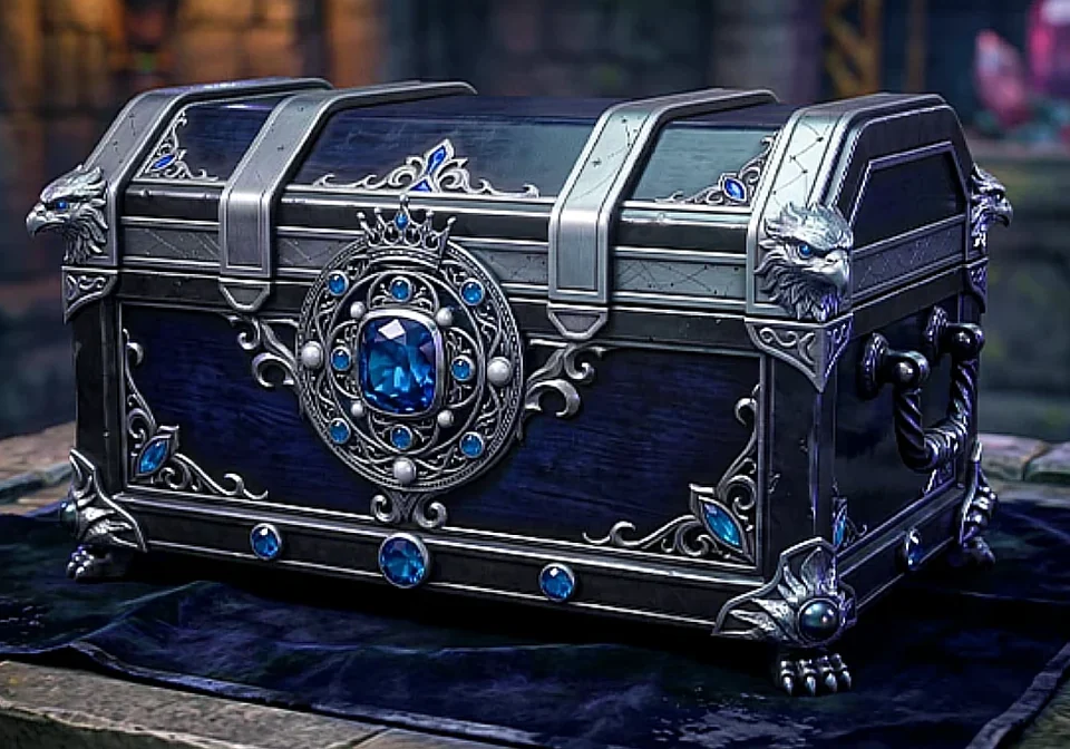 Savior's Armor Skin Box: Schaubild einer blauen Truhe auf Samttuch
