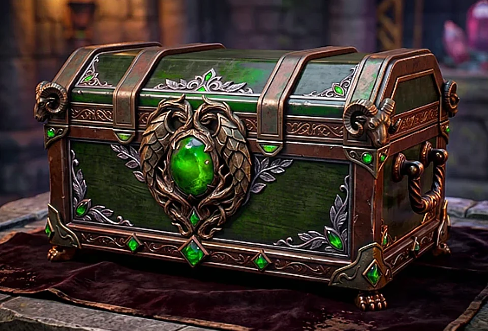 Sovereign Weapon Skin Box: Schaubild einer grünen Truhe auf Samttuch