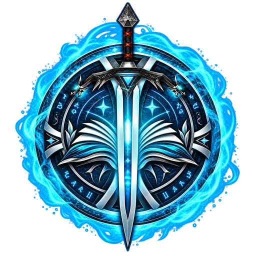 Epitome Emblem: Schwert über einem aufgeschlagenen Buch im Runenkreis